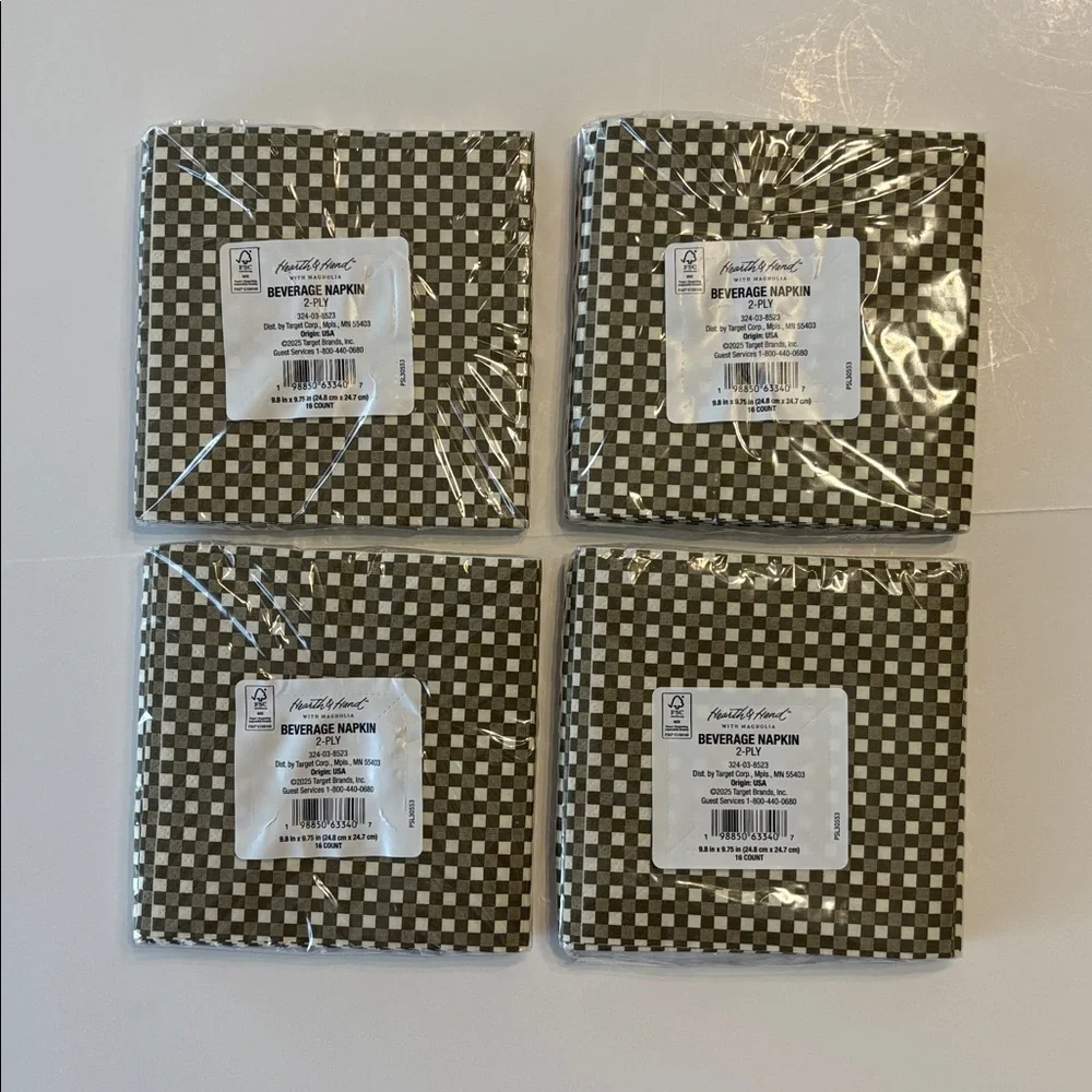 Hearth & Hand 16 Count Green Gingham Paper Beverage Napkins Bundle of 4